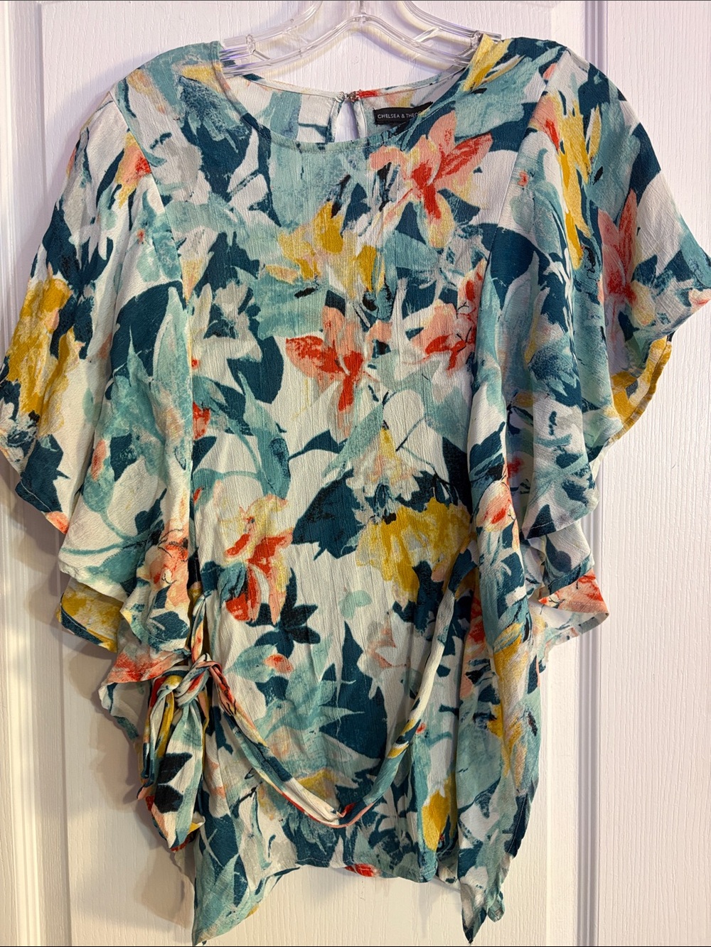 Chelsea & Theodore Teal Multi Floral Flutter-Sleeve Blouse
